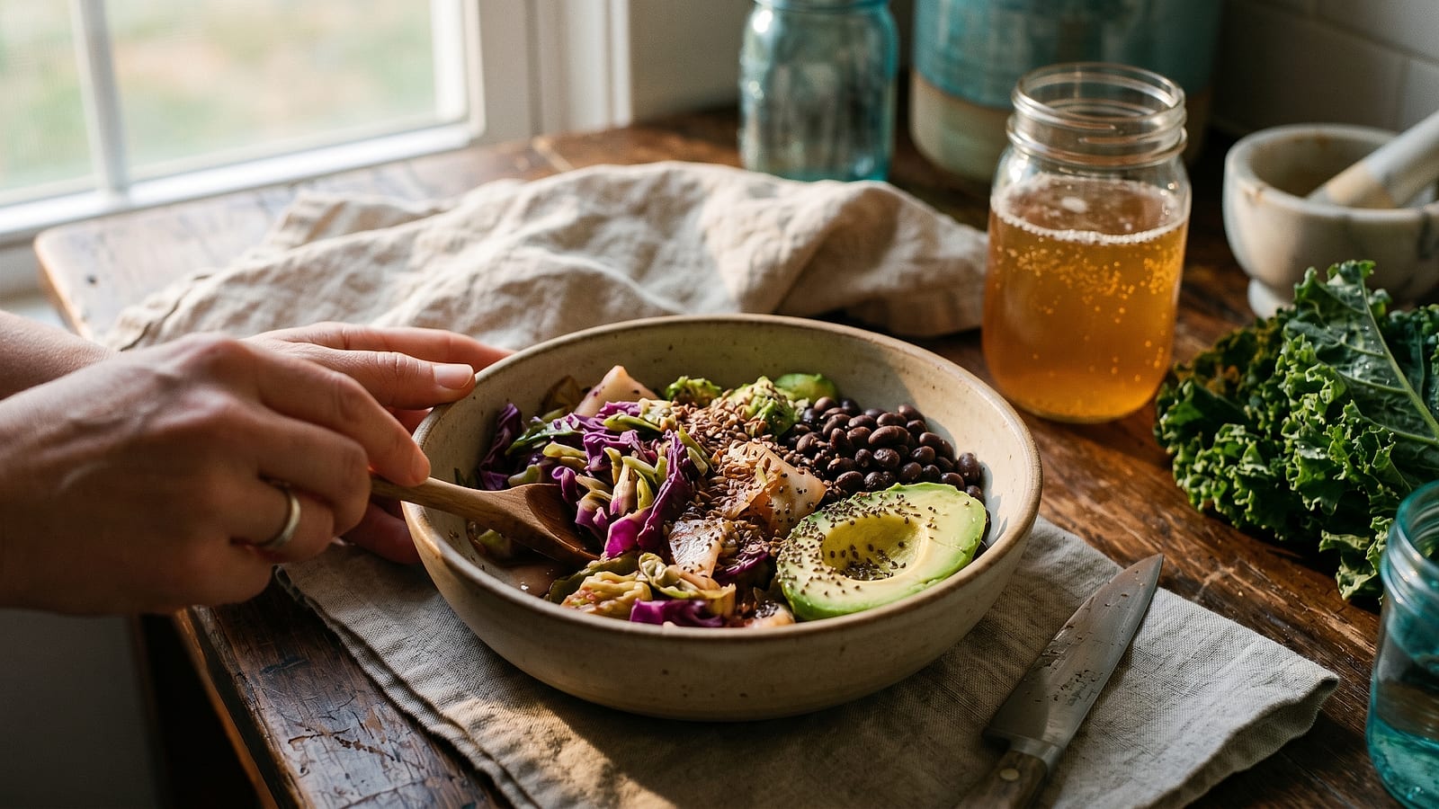 Close-up of fermented foods and fiber, the protagonist ingredient of the protocol