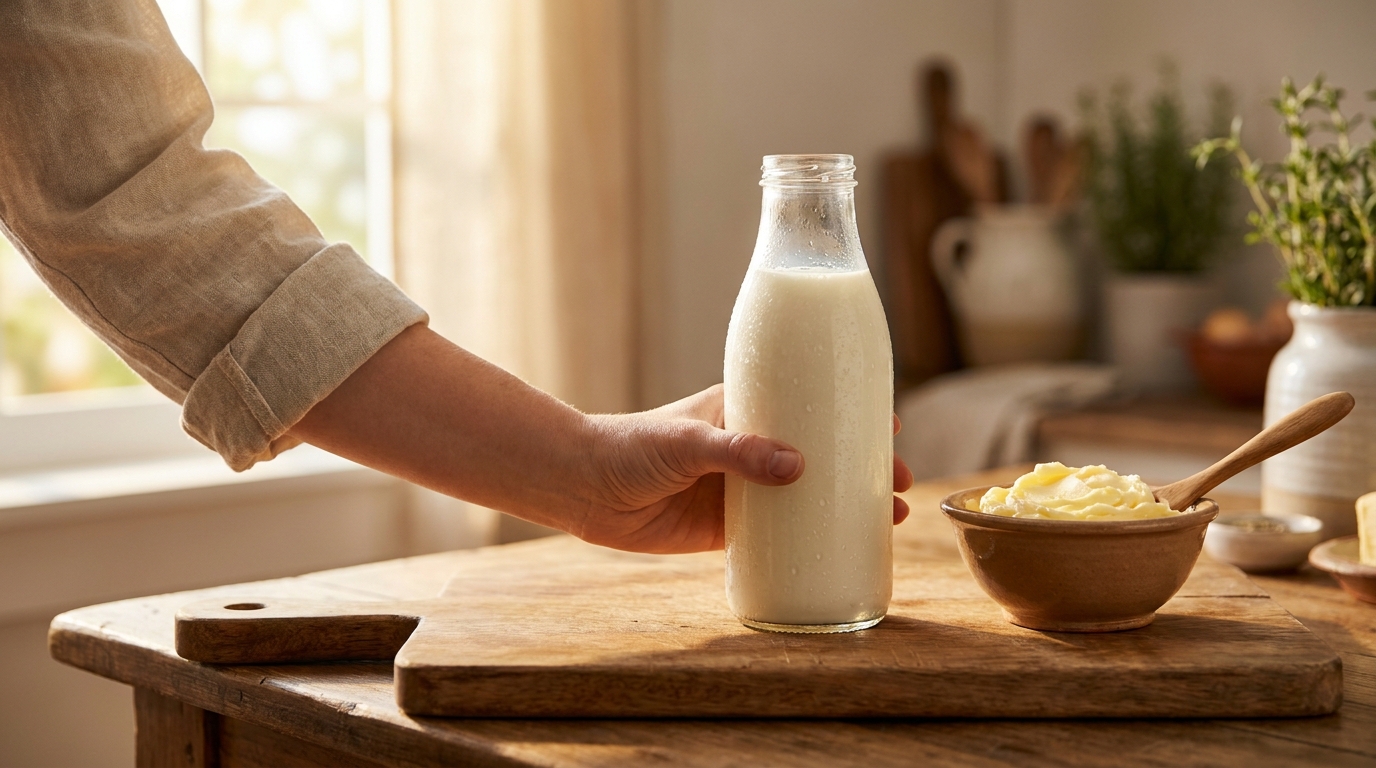 Close-up of raw whole milk, the protagonist ingredient of the protocol