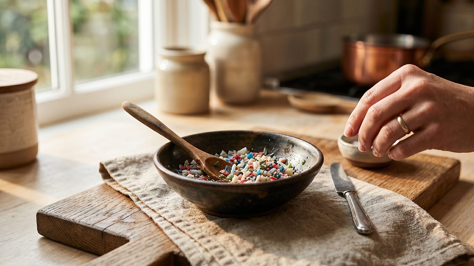 Close-up of microplastics from plastic packaging, the protagonist ingredient of the protocol
