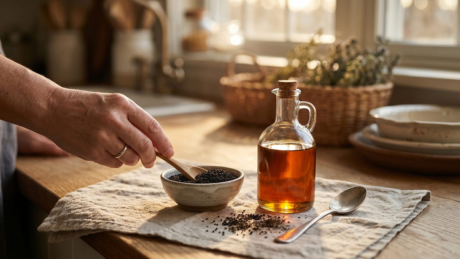 Close-up of black seed oil (nigella sativa), the protagonist ingredient of the protocol