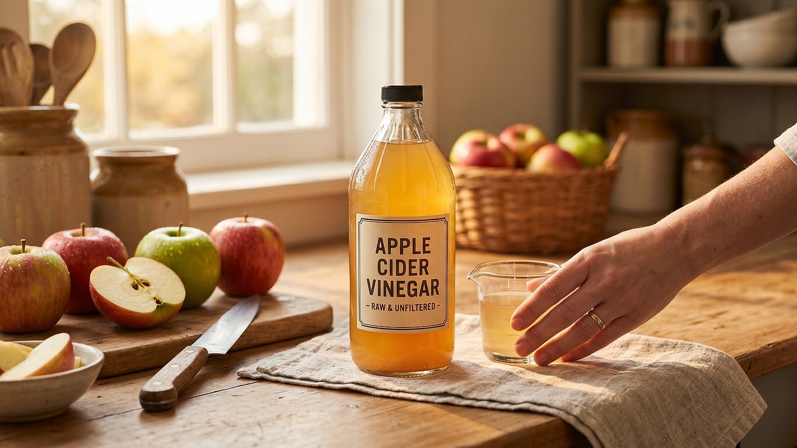 Close-up of apple cider vinegar, the protagonist ingredient of the protocol