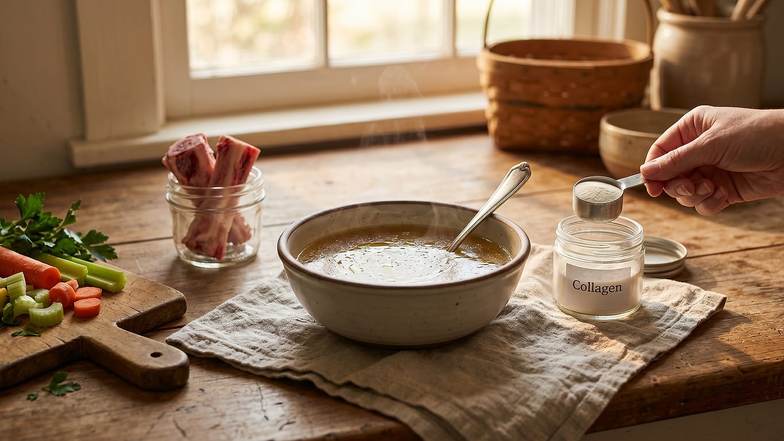 Close-up of bone broth and collagen, the protagonist ingredient of the protocol