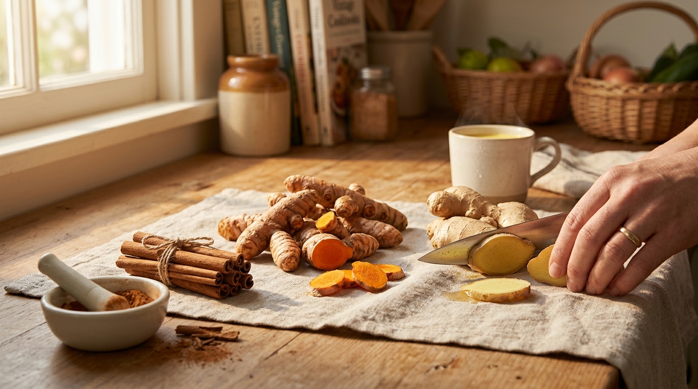 Close-up of turmeric, ginger and cinnamon, the protagonist ingredient of the protocol
