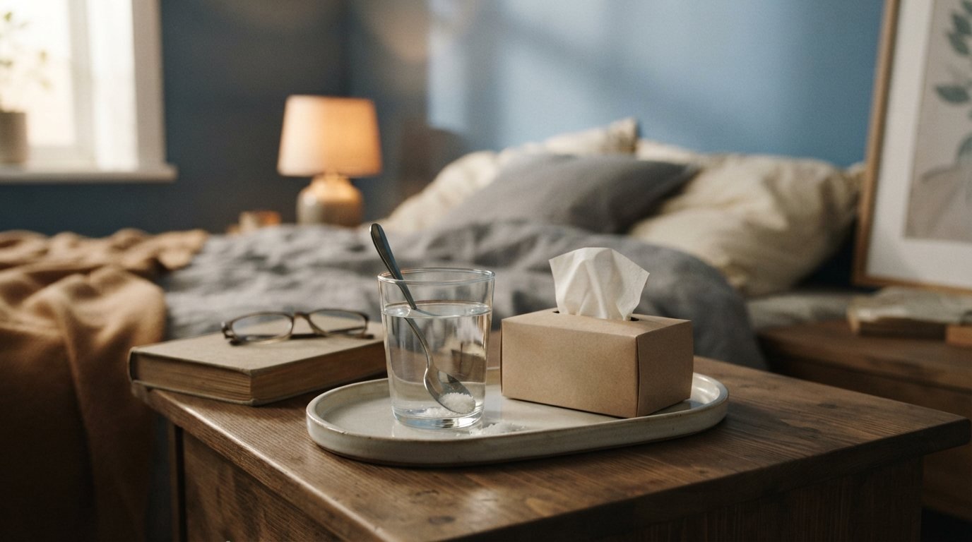 A tray with a glass of water, a teaspoon of salt and a box of tissues on a bedside table in soft evening light