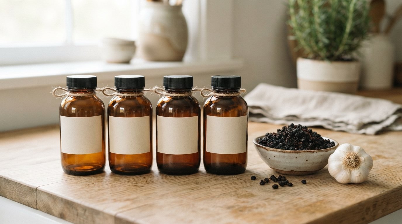 Neat row of amber supplement bottles, a bowl of dried elderberries and a garlic bulb on a light wooden counter
