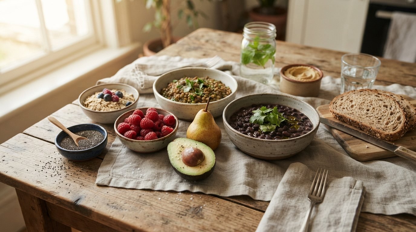 Wooden table with bowls of lentils and black beans, raspberries, pear, avocado, chia seeds and whole-grain bread