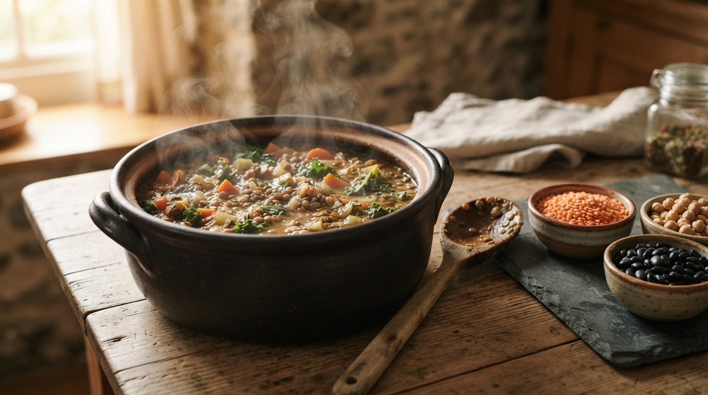 Pot of lentil and vegetable stew beside small bowls of red lentils, chickpeas and black beans on a slate board