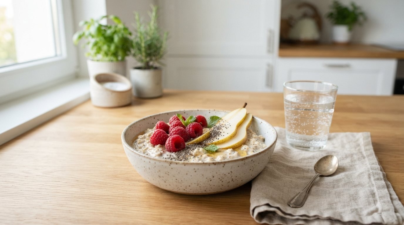 Ceramic breakfast bowl of overnight oats with raspberries, chia seeds and sliced pear beside a glass of water