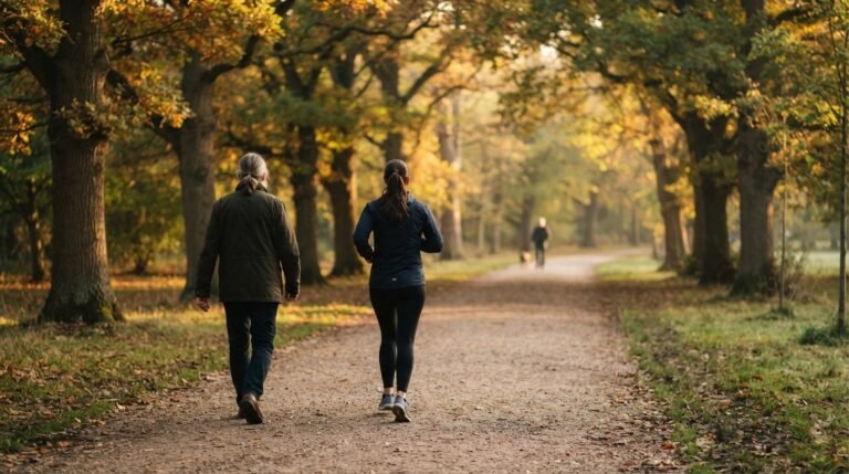 Two walkers seen from behind on a tree-lined park path in early morning light, one stride noticeably faster than the other