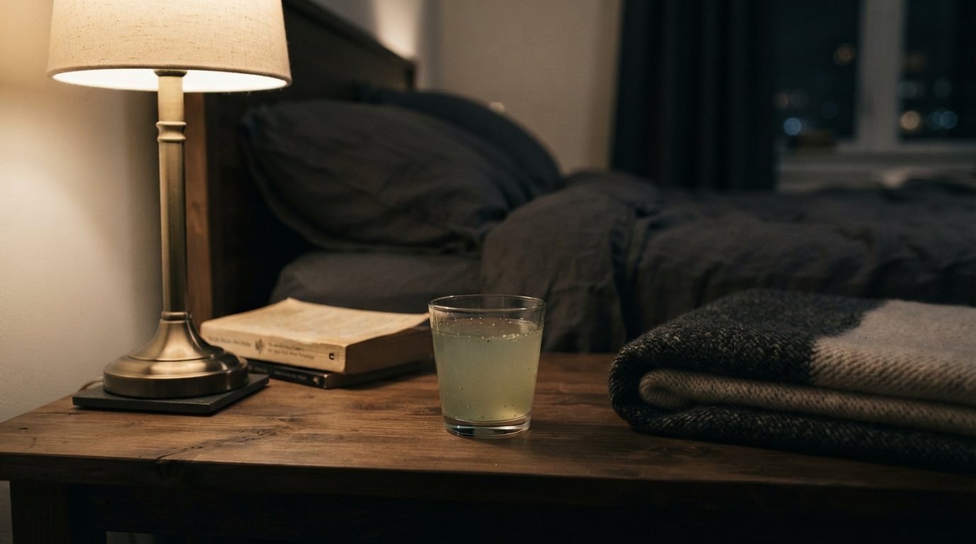 A small glass of pickle brine on a nightstand beside a lamp and a folded blanket in a dim bedroom