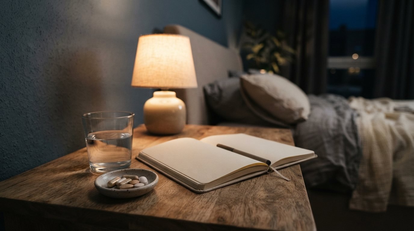 Glass of water, an open bedside notebook and a small dish of capsules on a wooden nightstand beside a dim lamp