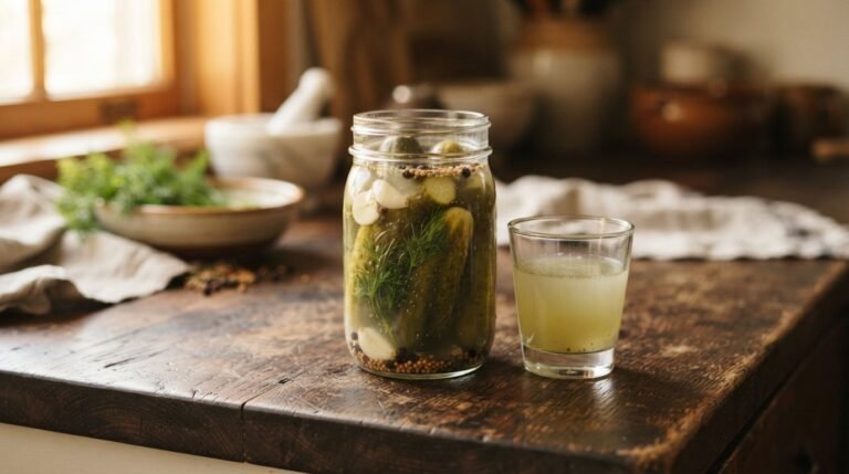 A glass jar of dill pickles with a small glass of green brine on a dark wooden kitchen counter in warm side light