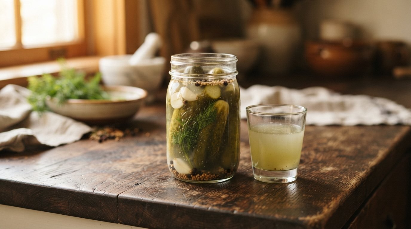 A glass jar of dill pickles with a small glass of green brine on a dark wooden kitchen counter in warm side light