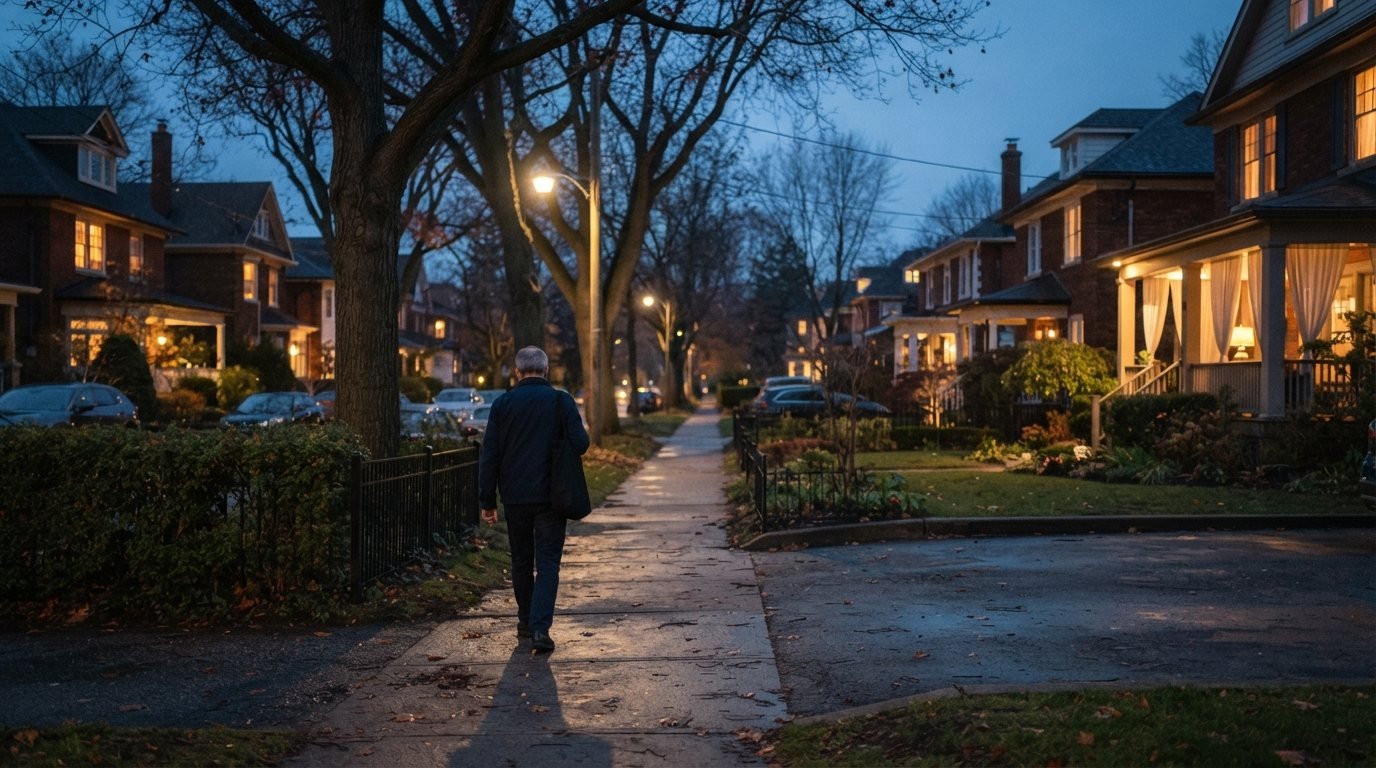 Person walking away along a quiet neighborhood sidewalk at dusk after dinner, seen from a distance